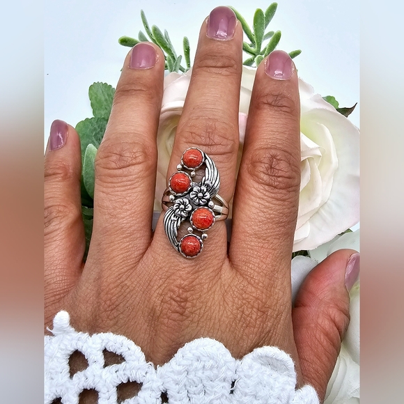 ♥️ CORAL FLOWER STERLING SILVER RING - Picture 2 of 4